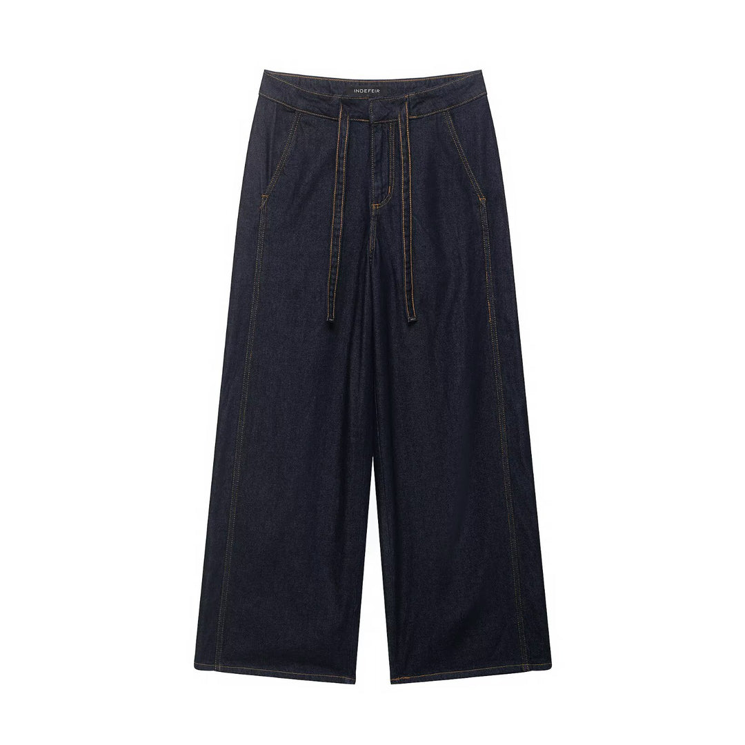 Damen Denim-Zweiteiler mit Cropped-Workerjacke und weiter High‑Waist-Hose Drune