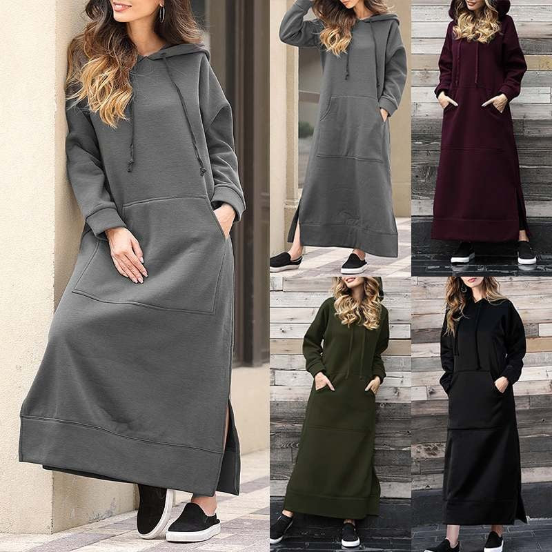 Damen nan langes Kapuzen-Sweatkleid mit Kängurutasche, Seitenschlitzen und lockerer Oversize-Passform Drune