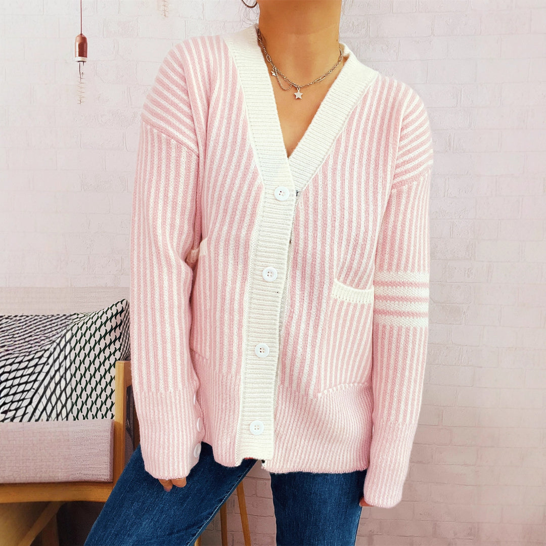 Damen gestreifter Strickcardigan mit Taschen und Knopfdetails Drune