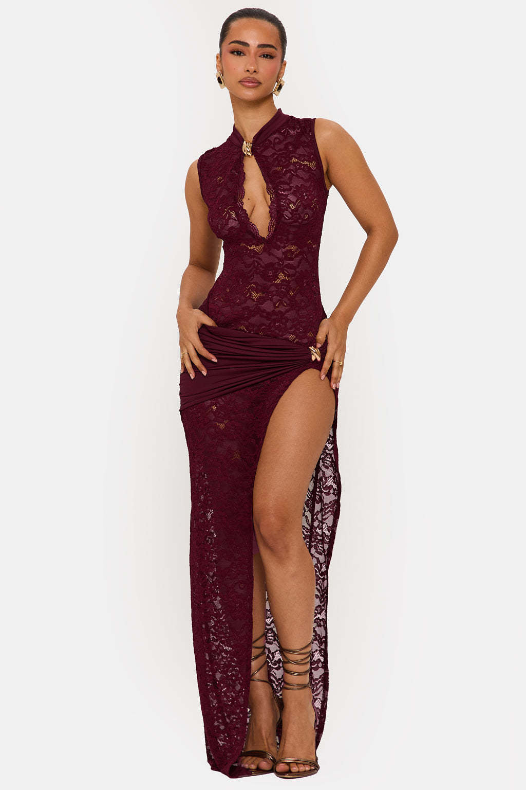 Damen Elegantes Spitzenkleid mit tiefem V-Ausschnitt und drapiertem Saum Drune