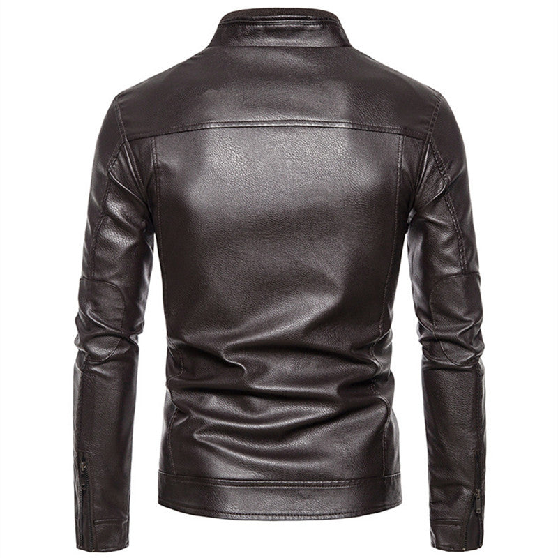 Herren Figurbetonte Kunstleder-Bikerjacke mit Stehkragen und Reißverschlusstaschen Drune