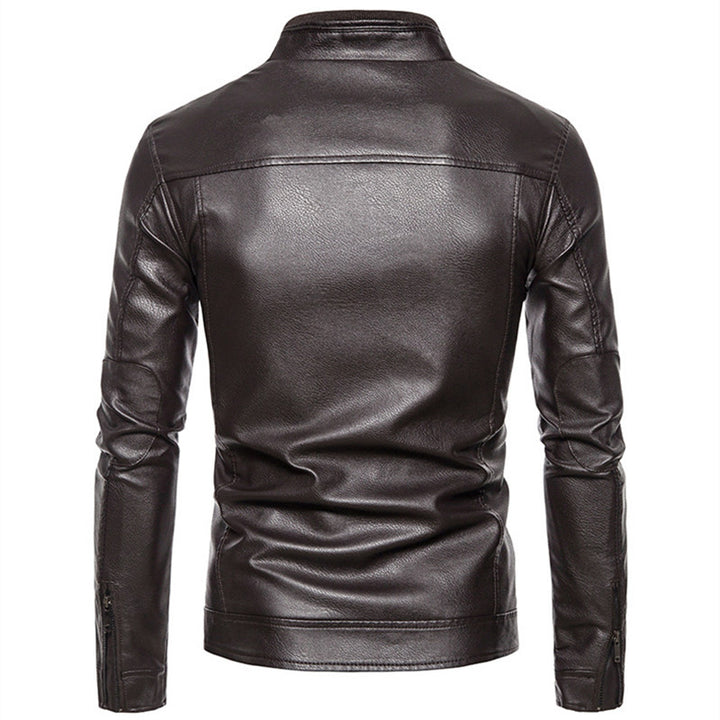 Herren Figurbetonte Kunstleder-Bikerjacke mit Stehkragen und Reißverschlusstaschen Drune