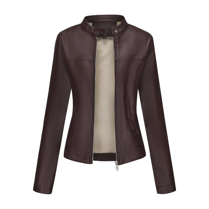 Damen nan taillierte Kunstlederjacke mit Stehkragen, verdecktem Reißverschluss und cleanem Minimaldesign Drune