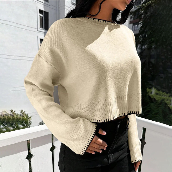 Damen lässiger Crop-Pullover mit feiner Rippstruktur und weitem Schnitt Drune
