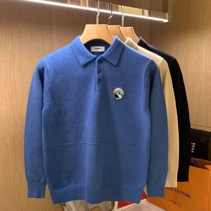 Herren Polokragen-Pullover aus weichem Flauschstrick mit Logo‑Patch Drune