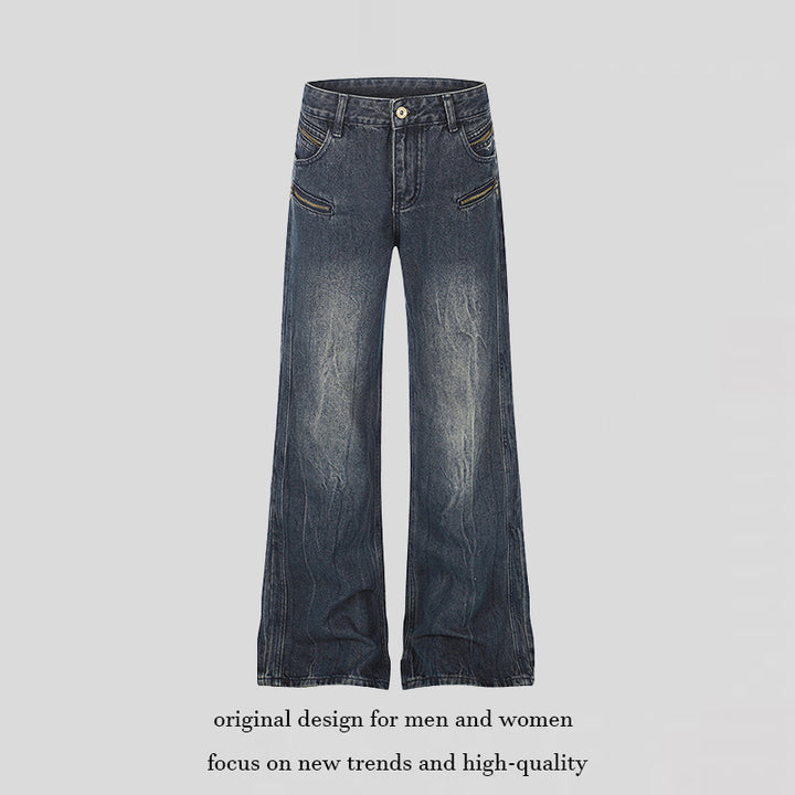 Damen Weite Denim‑Palazzo‑Jeans mit hohem Bund und Zier‑Reißverschlusstaschen Drune