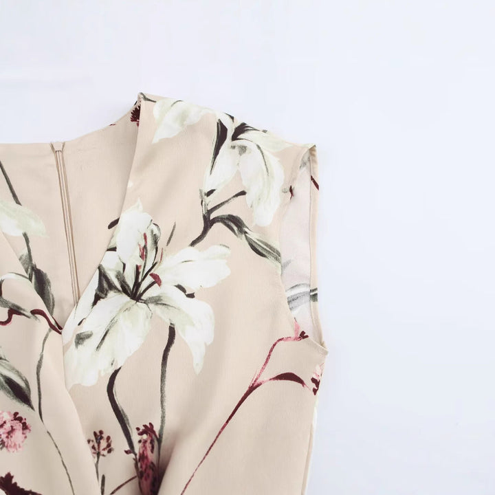 Drune | V-Ausschnitt Texturiertes Floral-Print Midi-Kleid