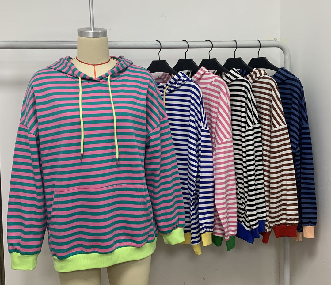 Damen gestreifter Kapuzenpullover mit stylischer Kängurutasche Drune