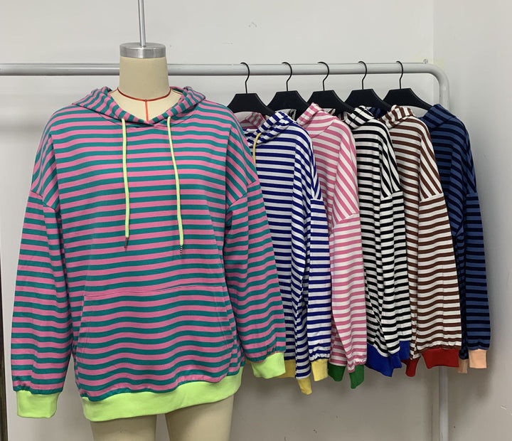 Damen gestreifter Kapuzenpullover mit stylischer Kängurutasche Drune