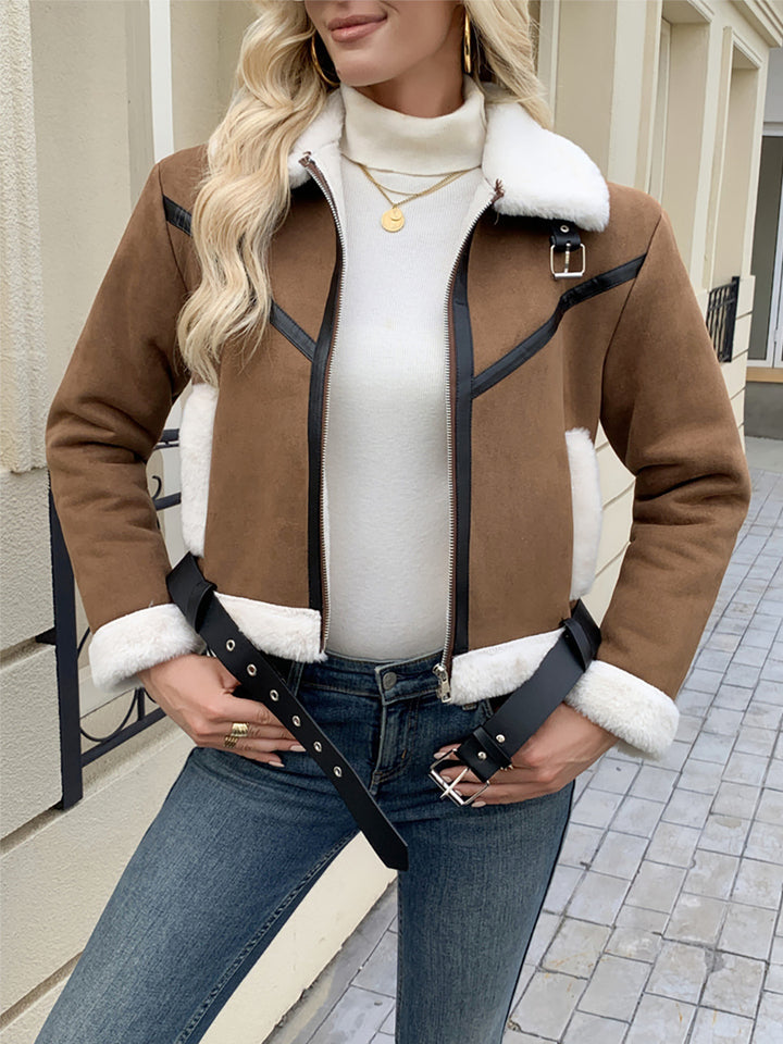 Damen Stylische Jacke mit Kunstfellbesatz und dekorativen Schnallen Drune
