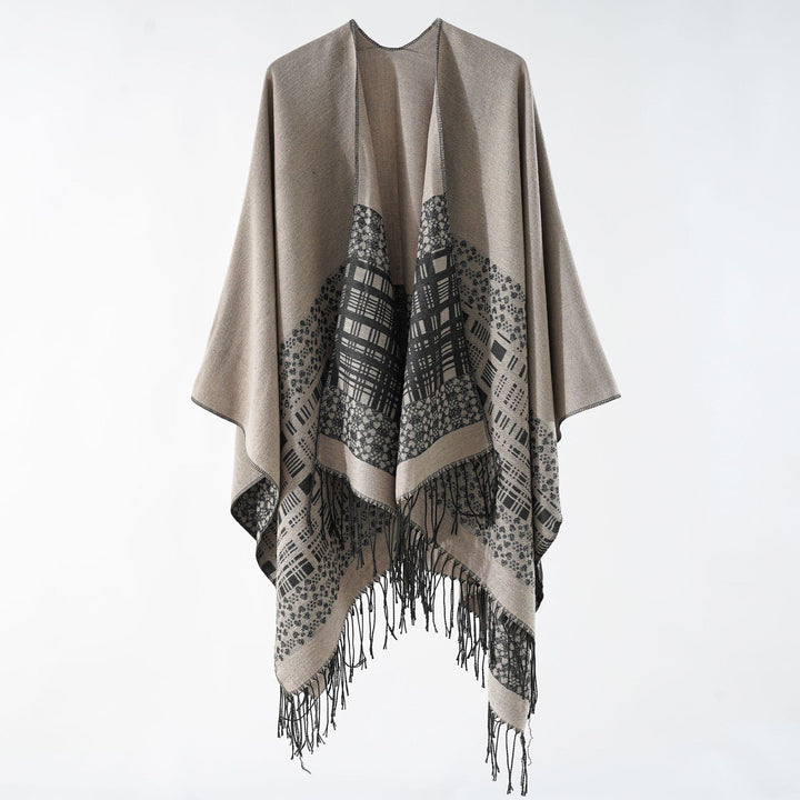 Damen Wollmix-Schulterponcho mit Jacquardmuster und Fransensaum Drune