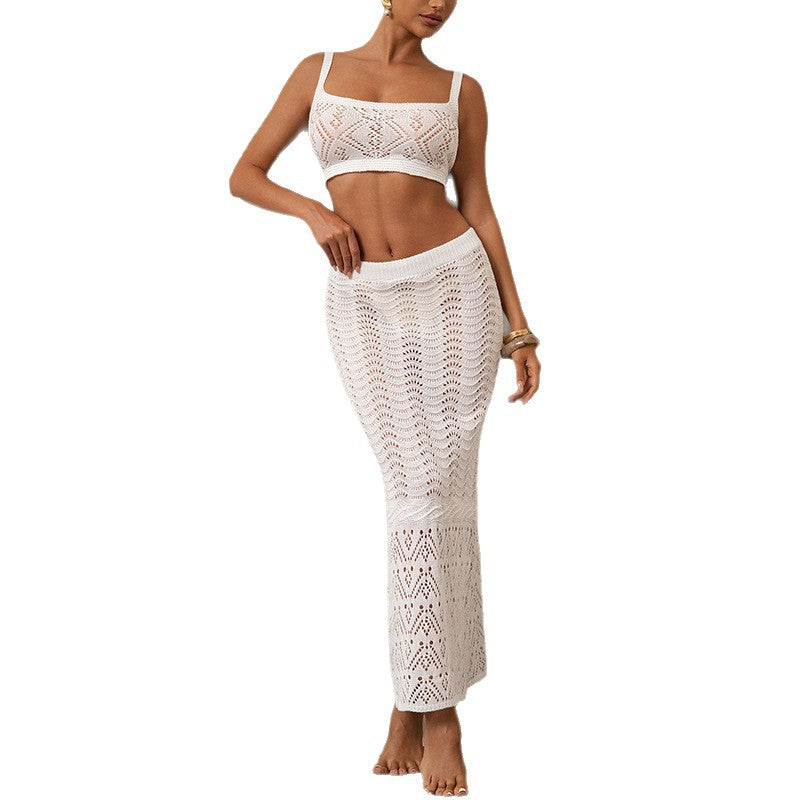 Damen Häkel-Bikini Set mit figurbetontem Oberteil und elastischem Rock Drune