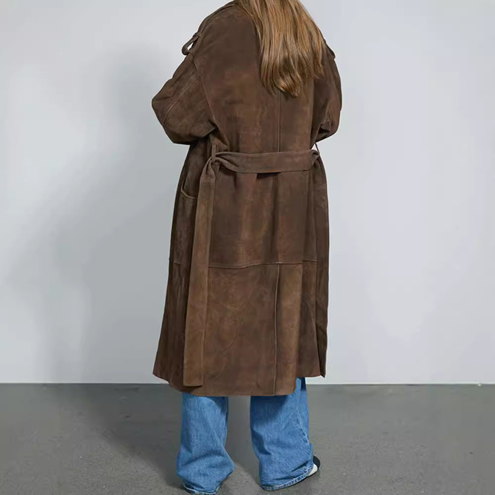 Damen Eleganter Suede-Trenchcoat mit großzügigem Schnitt Drune