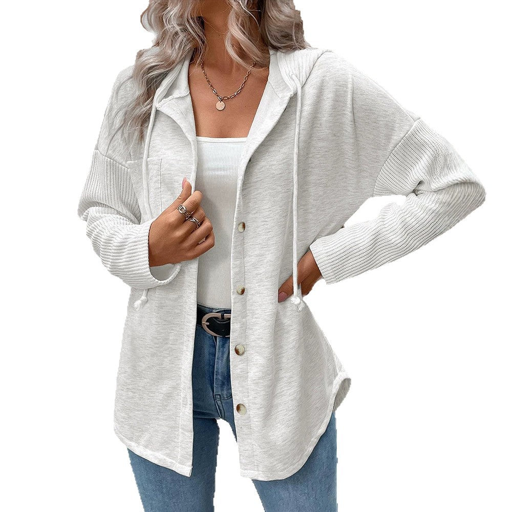 Damen Kapuzencardigan mit Knopfleiste, kontrastierenden Rippärmeln und lässiger Longline-Silhouette Drune