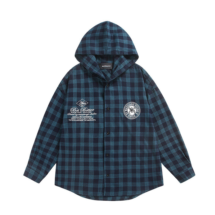 Unisex Kariertes Kapuzen-Overshirt aus Flanell mit Logostickerei und Oversize-Schnitt Drune