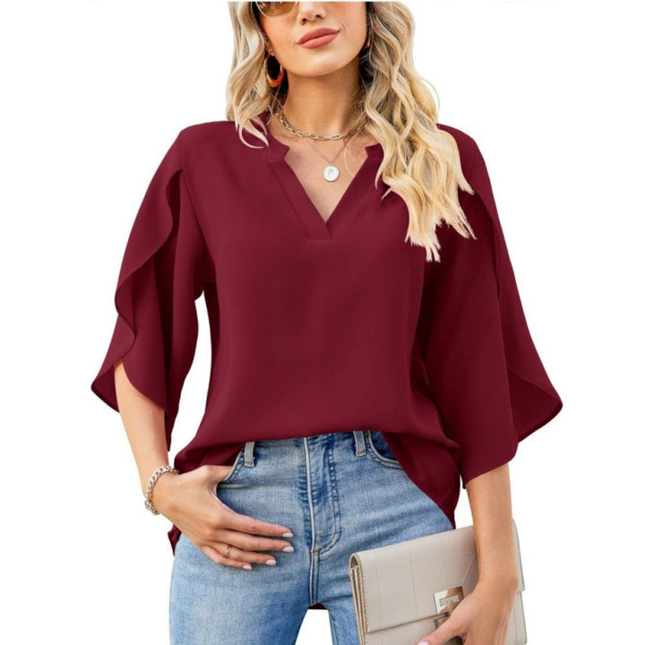 Damen Chiffonbluse mit V-Ausschnitt und eleganten Rüsenärmel Drune