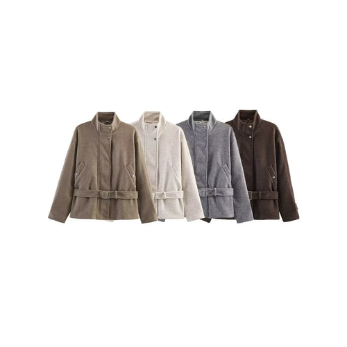 Damen Kurze Wollmix-Übergangsjacke mit Taillengürtel und Stehkragen Drune