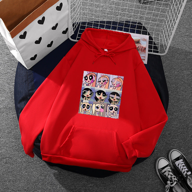 Damen nan lässiger Kapuzenpullover mit quadratischem Cartoon-Collageprint weiches Fleece Innenfutter und aufgesetzter Kängurutasche Drune