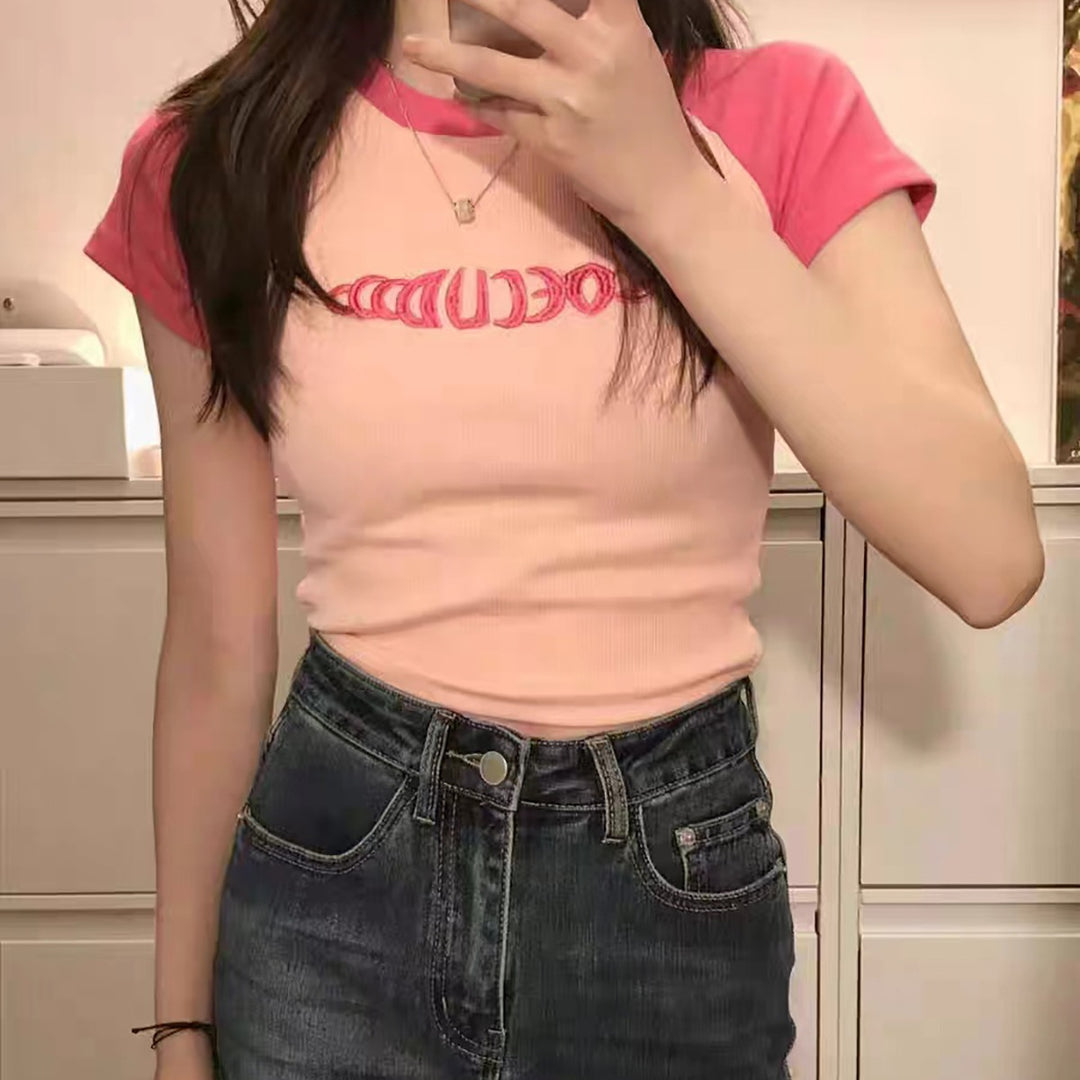 Damen Cropped T-Shirt mit kontrastierenden Ärmeln und modernem Aufdruck Drune
