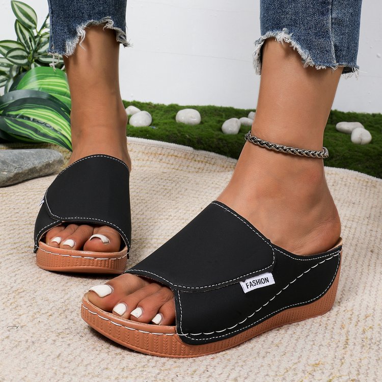 Damen Offene Zehen-Pantoletten mit Soft‑Suede‑Obermaterial, verstellbarem Klettverschluss und dämpfender Keilsohle Drune