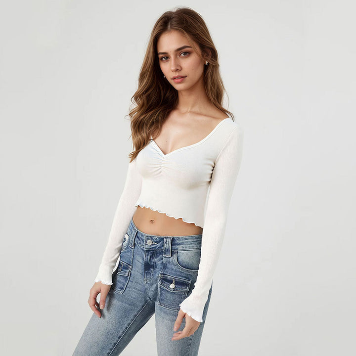Damen cropped Langarmshirt mit verspieltem Rüschensaum Drune