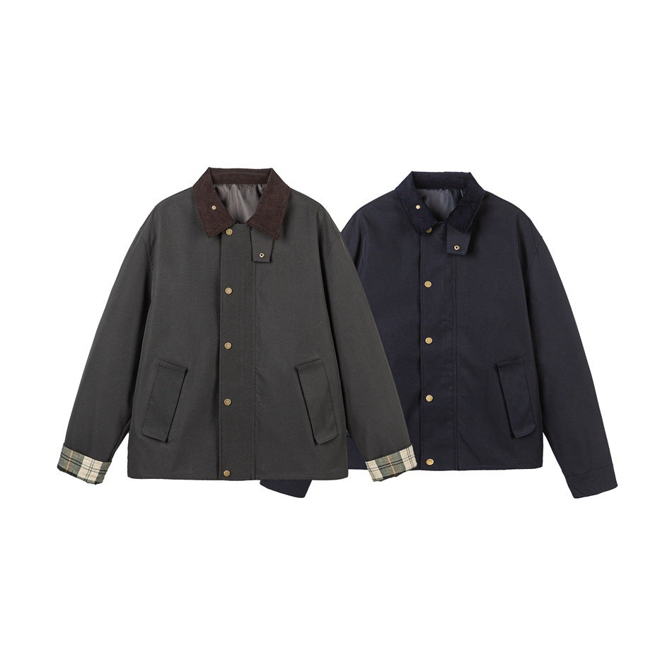 Herren Kurz geschnittene Canvas‑Fieldjacke mit Cordkragen und verdeckter Druckknopfleiste Drune