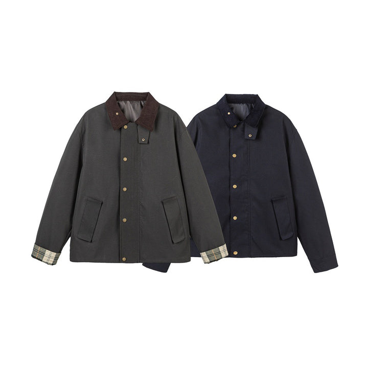Herren Kurz geschnittene Canvas‑Fieldjacke mit Cordkragen und verdeckter Druckknopfleiste Drune