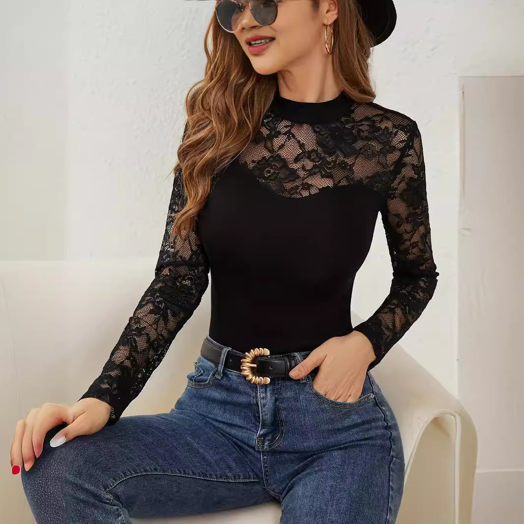 Damen Elegantes Longsleeve-Oberteil mit romantischer Spitze Drune