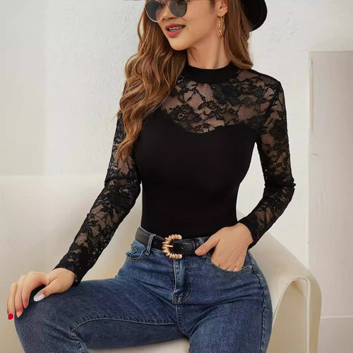 Damen Elegantes Longsleeve-Oberteil mit romantischer Spitze Drune