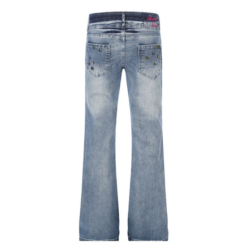 Damen High‑Waist Flared-Jeans mit weitem Bein, Doppelknopf und Nieten-Detail Drune