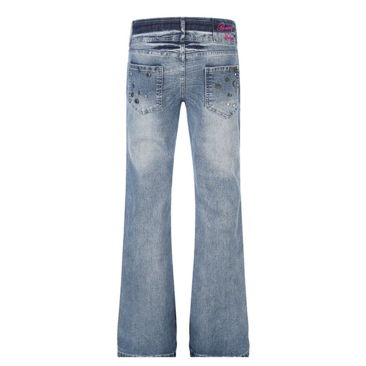 Damen High‑Waist Flared-Jeans mit weitem Bein, Doppelknopf und Nieten-Detail Drune