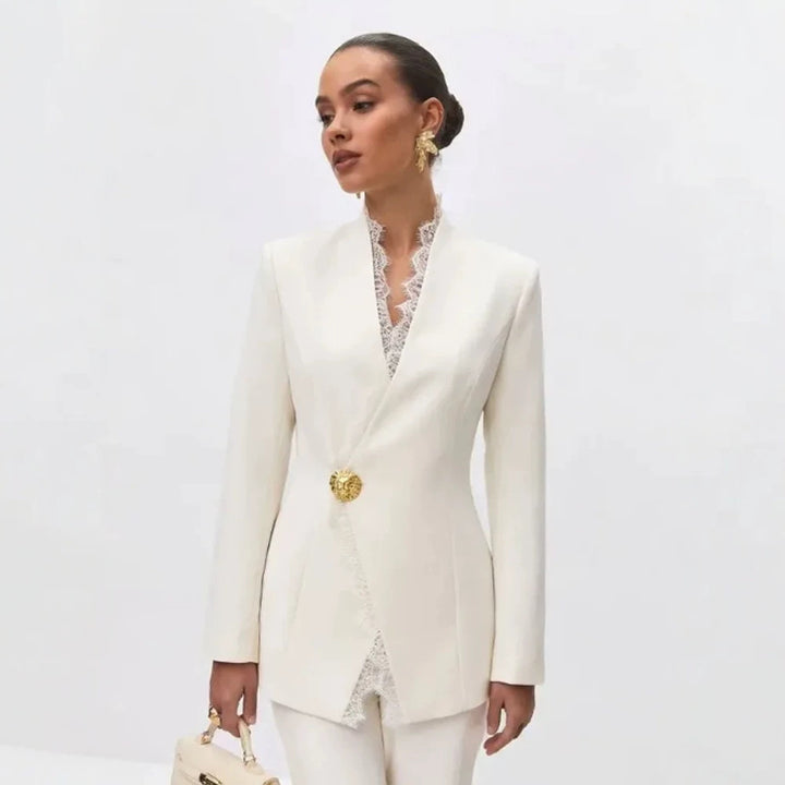Damen Taillierter Blazer mit Spitzenbesatz und Zierknopf Drune