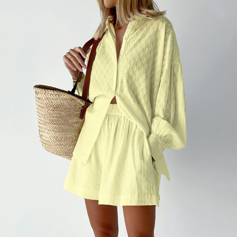 Damen lässiges Hemd-Shorts-Set mit elegantem Webmuster Drune