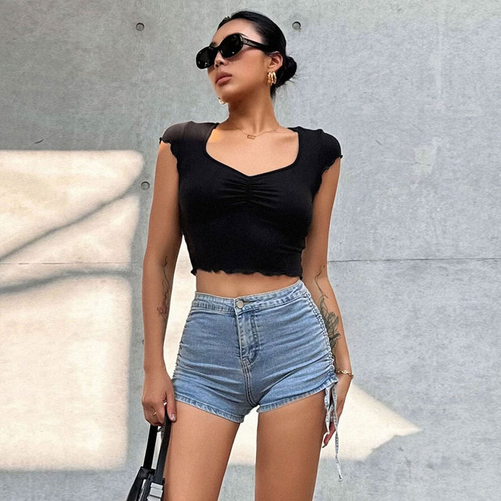 Damen cropped Oberteil mit elastischer Raffung und modischem V-Ausschnitt Drune