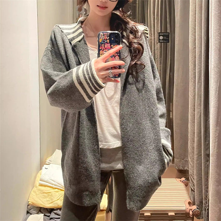 Damen modischer Casual Cardigan mit gestreiften Ärmelabschlüssen Drune