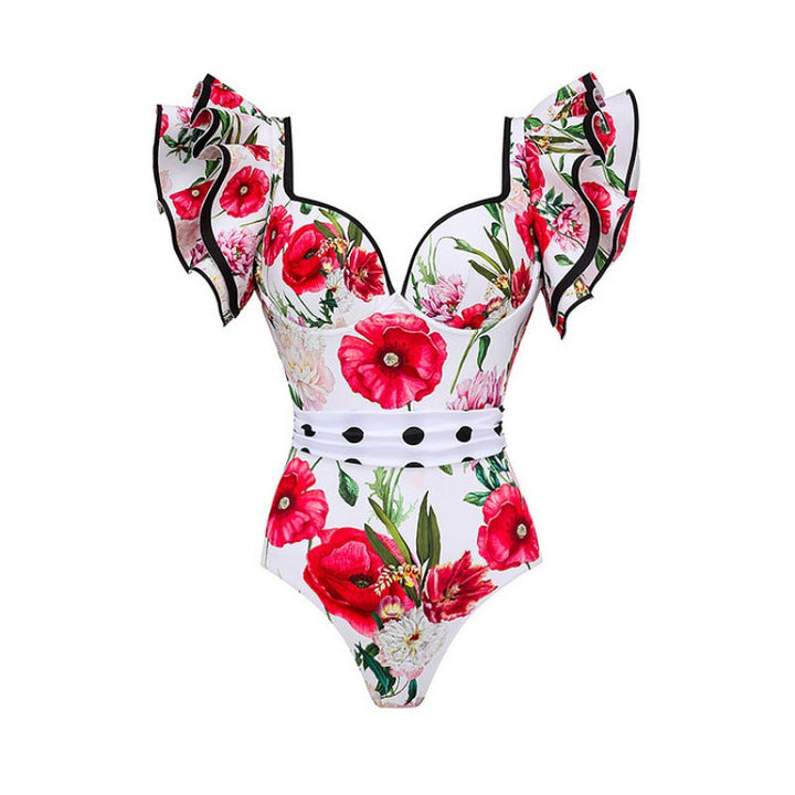 Damen Badeanzug mit Rüschendetails und floralem Überrock Drune