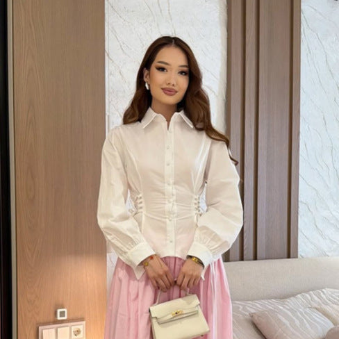 Damen taillierte Baumwollbluse mit Seitenschnürung und Ballonärmeln Drune