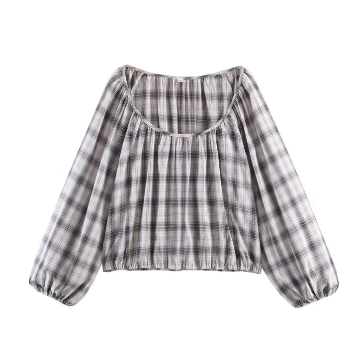 Damen Karierte Carmen‑Bluse mit weitem Ausschnitt, Ballonärmeln und elastischem Saum Drune