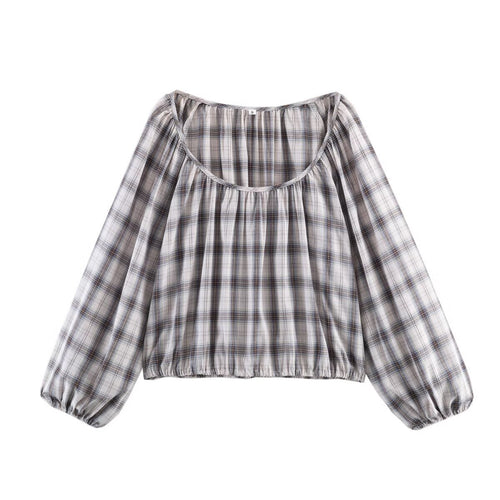 Damen Karierte Carmen‑Bluse mit weitem Ausschnitt, Ballonärmeln und elastischem Saum Drune