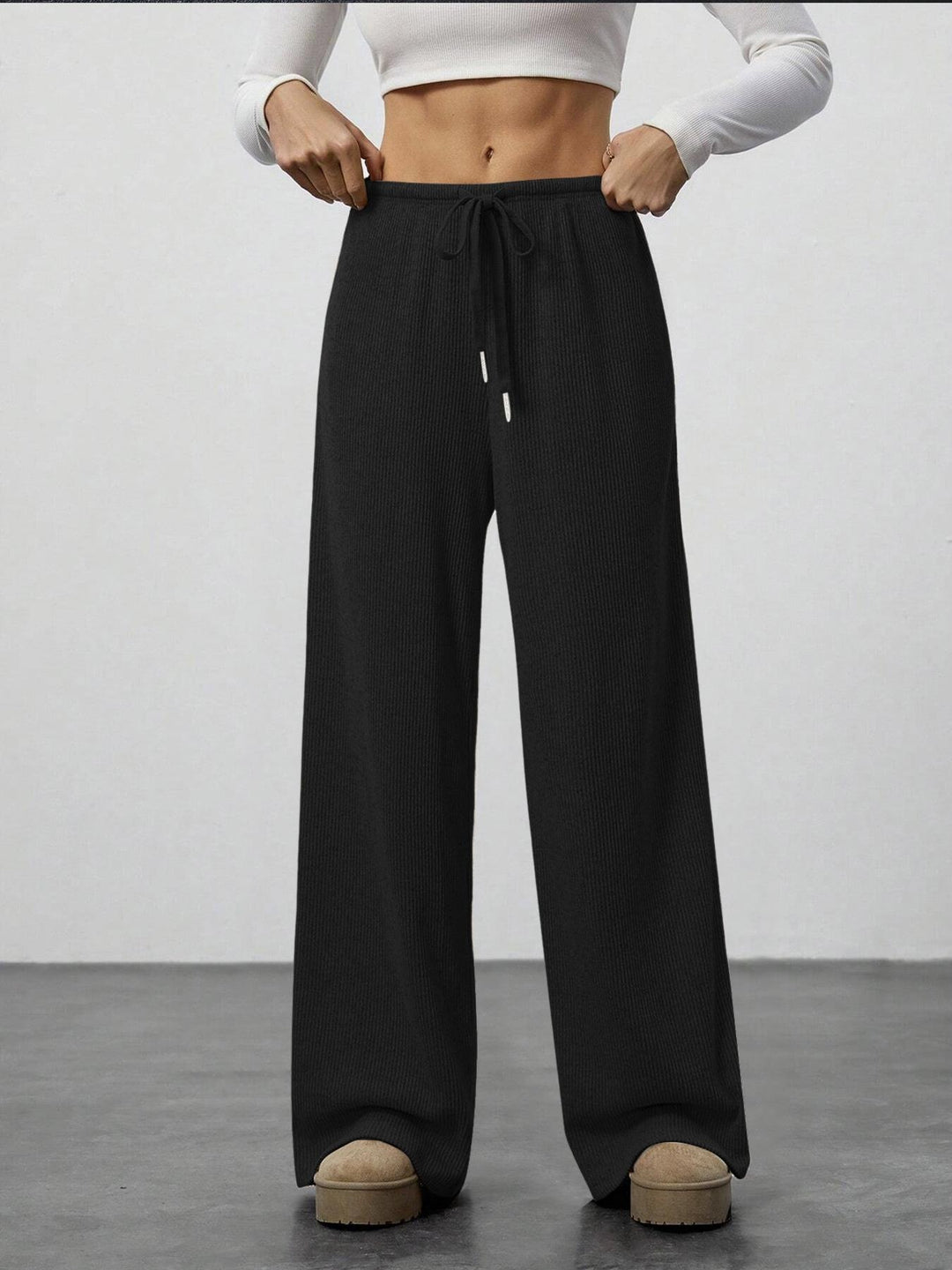 Damen Weiche Rippstrick Loungehose mit weitem Bein und Kordelzug Drune