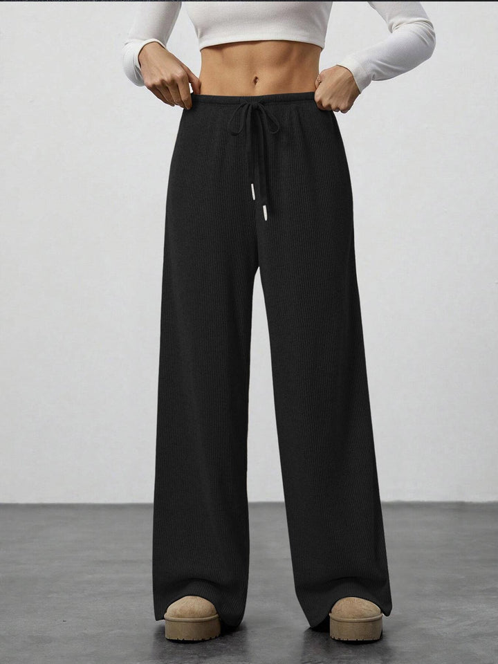 Damen Weiche Rippstrick Loungehose mit weitem Bein und Kordelzug Drune