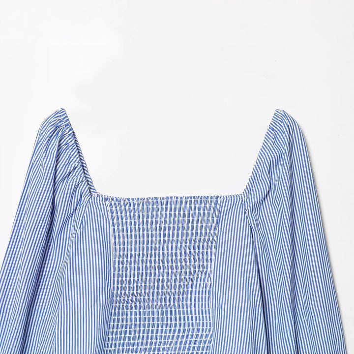 Damen Gestreifte Cropped‑Bluse mit quadratischem Ausschnitt und weiten Ballonärmeln Drune