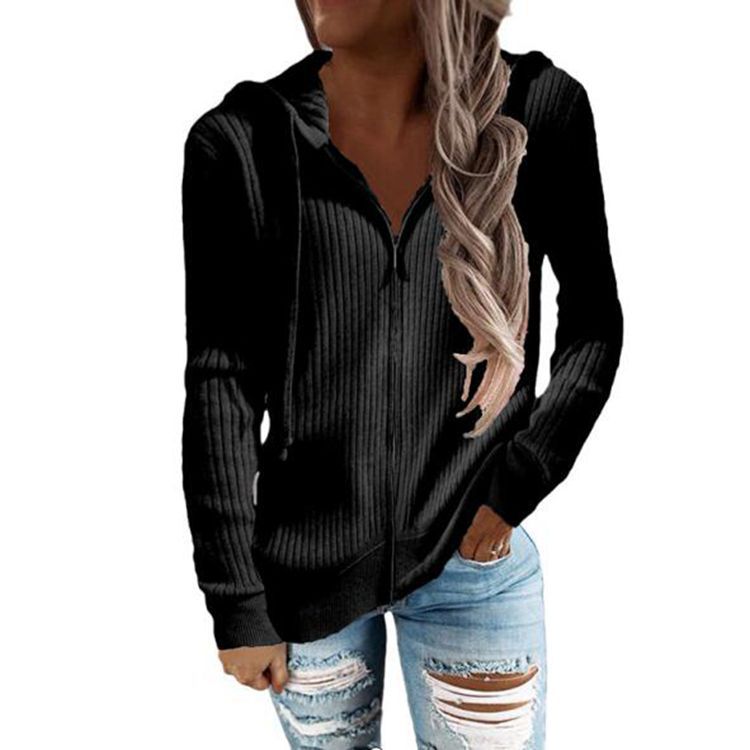 Damen nan gerippter Kapuzen-Zip-Hoodie mit halbem Reißverschluss und Kängurutaschen Drune