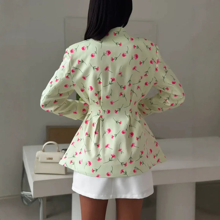 Damen Taillierter Blazer mit Schößchen, dekorativen Knöpfen und floralem Muster Drune