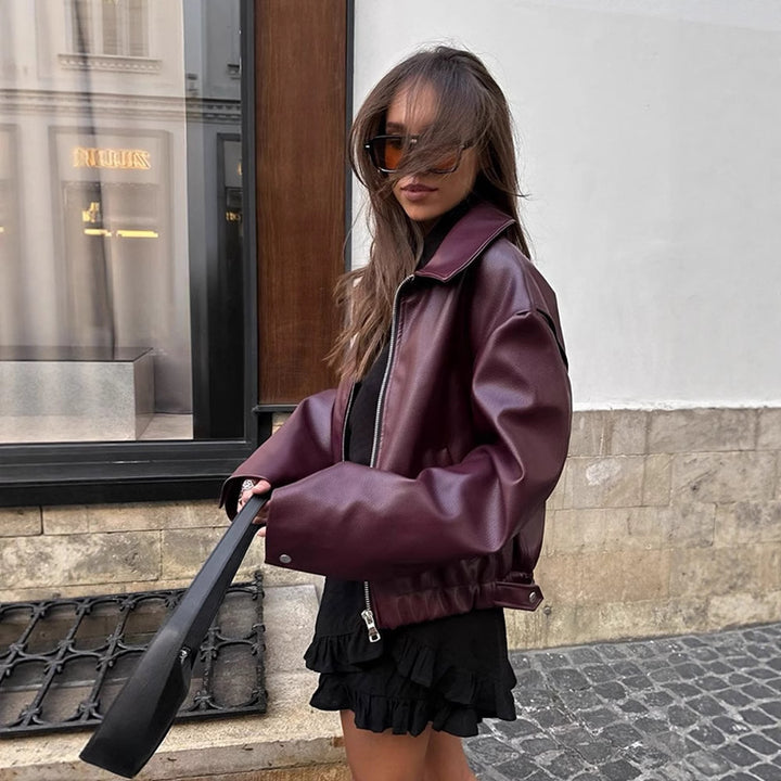 Damen Lässige Kunstlederjacke mit oversized Schnitt und praktischen Taschen Drune