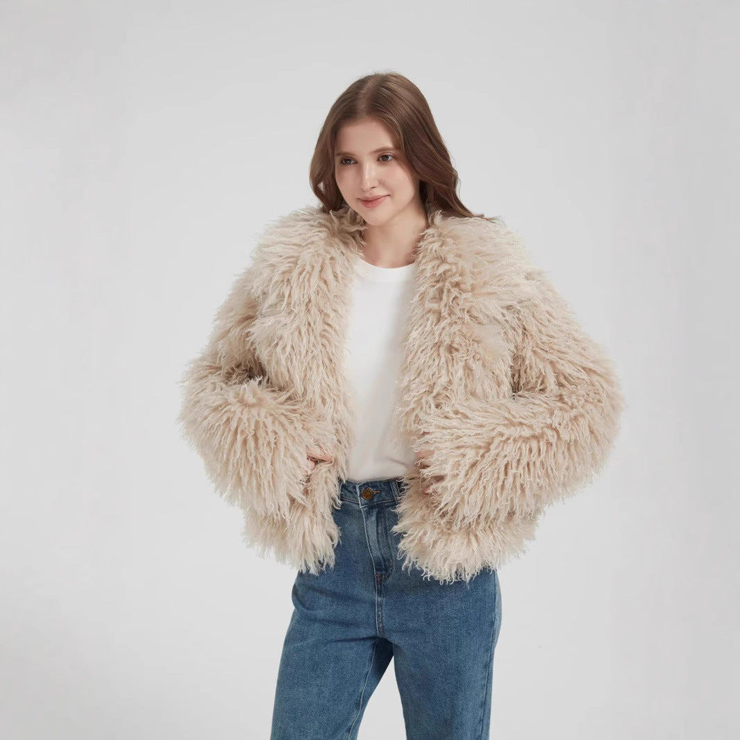 Damen Kurzboxiger Kunstpelz‑Bolero mit langflorigem Hochflor und voluminösem Schalkragen Drune