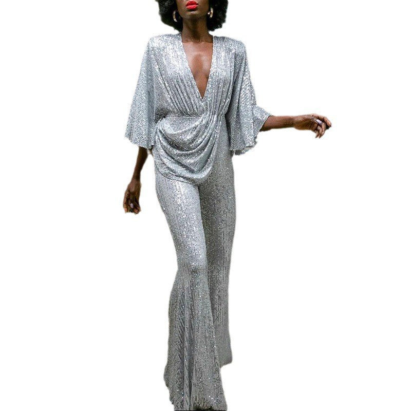 Damen Glitzerndes Jumpsuit mit weiterem Ärmel und tiefem V-Ausschnitt Drune