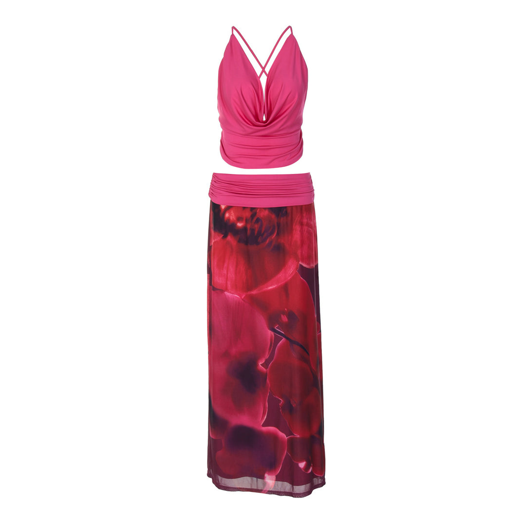 Damen Boho Maxikleid mit raffiniertem Oberteil und floraler Drapierung Drune