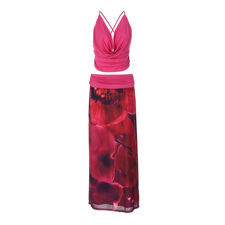 Damen Boho Maxikleid mit raffiniertem Oberteil und floraler Drapierung Drune