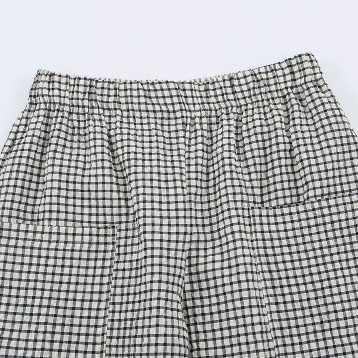Damen Leichte karierte Seersucker-Hose mit Gummibund, aufgesetzten Taschen und schmal zulaufendem Bein Drune
